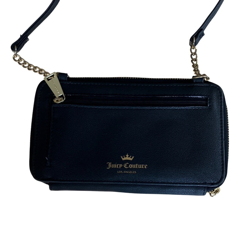 Juicy Couture‎ Black Faux Leather Crossbody Wallet Bag Pearl Studded Gold Logo